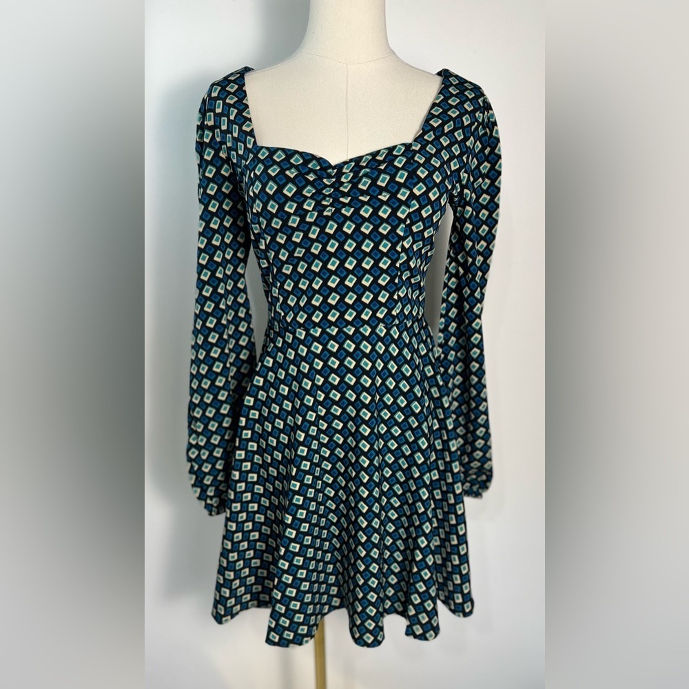 NWT Band Of The Free BOG Genevieve Teal Diamond Puff Sleeve Mini Dress Size XS L